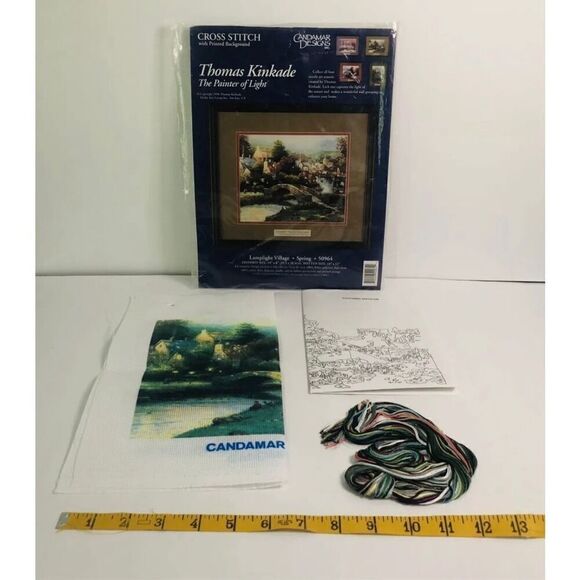 vintage thomas kinkade cross stitch kit with painted background lamp light villa - Picture 1 of 7